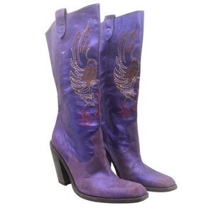 GIANNI BINI Neal Purple Suede Leather Embroidered Western Cowboy Boots
